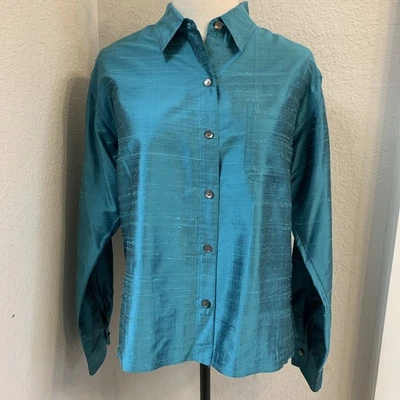 Blusa Cuello Botón Manga Larga Turquesa 100% Seda Crudo De Colección Chico’s Talla 1 (8) Foto 1 de 4