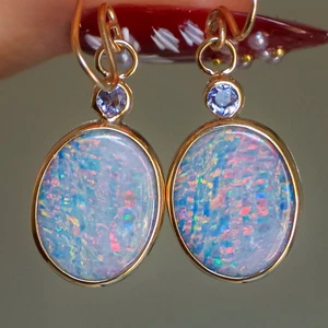 14K Gold Australian Opal Doublet And Purple Tanzanite Earrings, Shepherd's Hooks - Picture 1 of 11