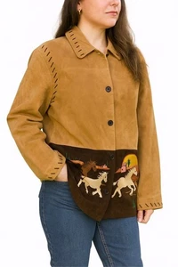 Vtg Quacker Factory Suede Western Jacket Women Sz Large Horse Southwest Tan Coat - Picture 1 of 14