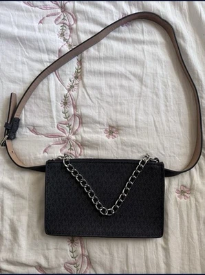Michael KORS MK Signature Logo Pull Chain Belt Bag Fanny Pack Black Leather - Image 1 of 4