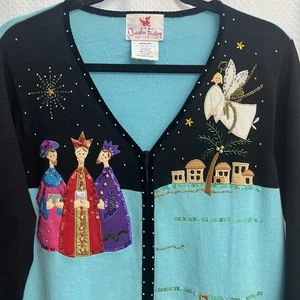 Quacker Factory 3 Wise Men Angel Full Zip Beaded Christmas Sweater Medium - Picture 1 of 9