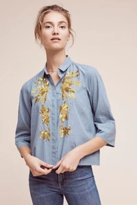 ¡Nuevo! 4 Blusa Anthropologie Maeve Floral "Popelina Adornada Buttondown" Nueva con Etiquetas - Imagen 1 de 8