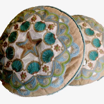 Sea shell Starfish Embroidered Pompom Accent Burlap Zipper Round 2 Pillows Set - Image 1 of 4