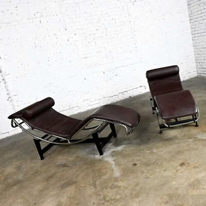 Pair Chaise Lounge Chairs Brown Leather & Chrome & Black Steel Bases Style of Le - Picture 1 of 11