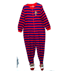 Nick & Nora SOCK MONKEY Pajamas Large Footie Full Zip Red Blue Striped Fleece PJ - Picture 1 of 6