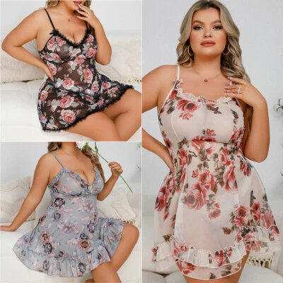 Mujeres Talla Grande Lencería Encaje Babydoll Vestido Correa Quimise Prendas para dormir Sexy Noche Foto 1 de 4