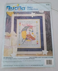 NEW  Bucilla Baby Cross Stitch Kit  "Mr. Moon and Me" Birth Record  11x14 - Picture 1 of 4
