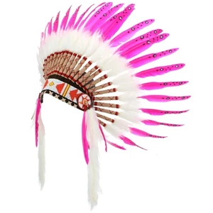 Indian Headdress Chief Feathers Bonnet Native American Hat PINK HEN PARTY - Picture 1 of 4