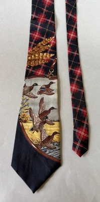 DUCKS UNLIMITED Red Tartan Plaid Flying Mallards Mens Silk Tie FREE SHIP - Image 1 of 4