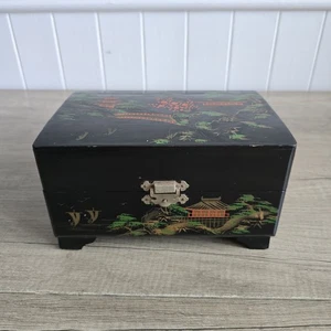 Vintage Lacquered Musical Jewellery Box Black Working Order Retro Boho - Picture 1 of 9