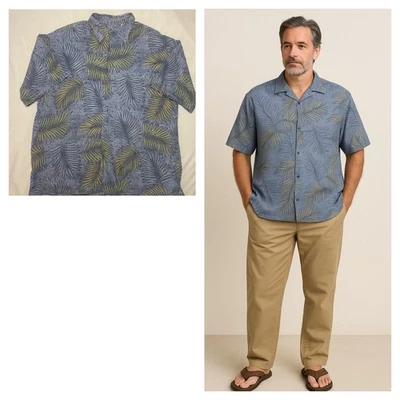 Bamboo Cay 男式夏威夷衬衫 L 蓝色棕榈叶 Aloha 露营上衣棉质人造丝 — 第 1/4 张图片