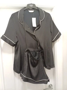 M&S Sleep Satin Pyjama Shortie Set Size 22 BLACK - Picture 1 of 10