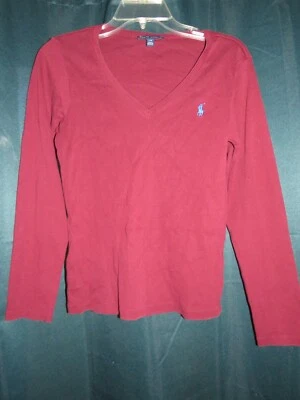 RALPH LAUREN Girls Burgundy Long Sleeve Pony Logo Tee L V Neck Embroidered - Image 1 of 4