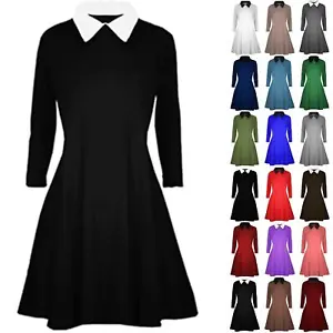Womens Ladies Peterpan Collar Long Sleeve Skater Flared Casual Swing Mini Dress - Picture 1 of 16