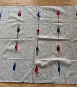Vintage Mexican Gray Woven Wool Blend Blanket Throw Thunderbird Design Fringe - Picture 1 of 5