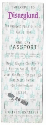 DISNEYLAND CALIFORNIA PASAPORTE DE UN DÍA 29 DE MAYO DE 1993 TALÓN DE BOLETO USADO Foto 1 de 2