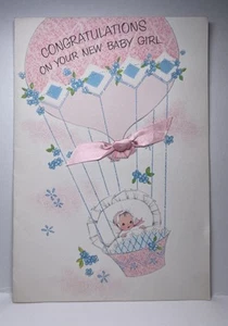 Vintage Welcome Baby Girl Pink Ribbon Hot Air Balloon American Greetings Card - Picture 1 of 8