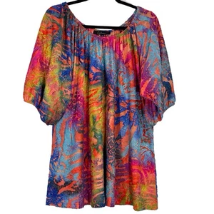 Calessa Peasant Tunic Top Stretch Textured Women’s 3X Vibrant Orange Blue Pink - Picture 1 of 7