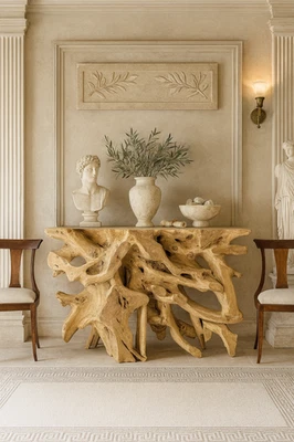 47 Inch Elegant Teak Natural Root Wood One-Of-a-Kind Console Table Decor - Image 1 of 4