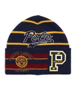 NEU MIT ETIKETT POLO RALPH LAUREN LOGO GESTREIFT COLLEGE PATCHWORK BAUMWOLLE-BEANIE - Bild 1 von 3
