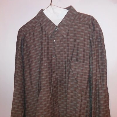 Cas Moda Mens Button Down Shirt XXL 45/46 Gray Brown Geo Squares Long Sleeve Che - Image 1 of 4
