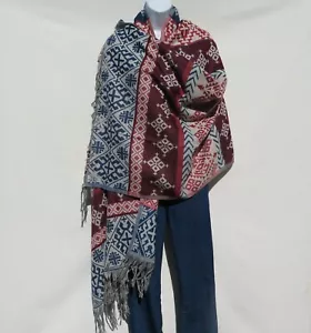 Yak Wool Blend|Kashmir|Shawl/Throw |Handloomed|Reversal|Blue/Coral/Wine/Pearl - Picture 1 of 7