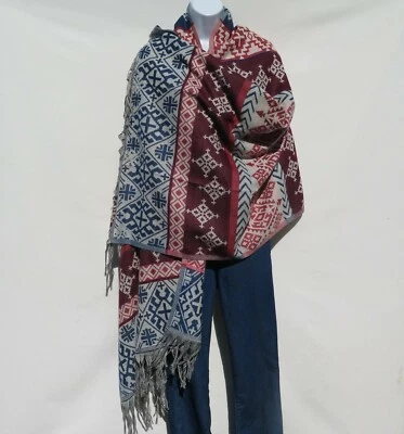 Yak Wool Blend|Kashmir|Shawl/Throw |Handloomed|Reversal|Blue/Coral/Wine/Pearl - Image 1 of 4