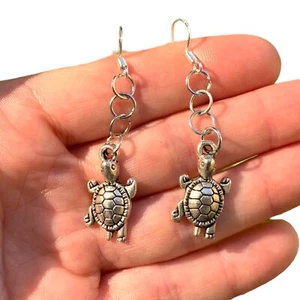 Pewter Small Hawaiian Honu Sea Turtle Dangling Sterling Silver FishHook Earrings - Picture 1 of 7