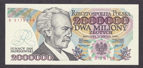 [UNC] 1992 Poland 2000000 (2,000,000) Zlotych P-158b [009-2] Cover