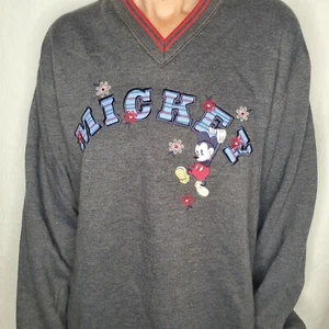 Sudadera pequeña de colección años 90 Mickey Mouse flores Disney carbón/rojo cuello en V usada en excelente estado - Imagen 1 de 4