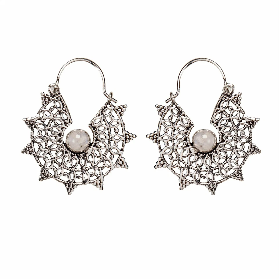 Pendientes Piedra Lunar 81ª Generación Plata Latón Forma de C Sol Filigrana Disco Aro Foto 1 de 1