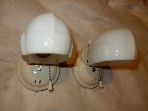 Pr. Vintage Bathroom Porcelain  Wall Sconces w Milk Glass Shades Cover