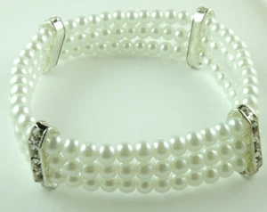 Bridal 3 Row Pearl Stretch Bracelet with Rhinestones Statement Handcrafted - Picture 1 of 1