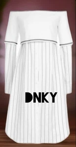 DKNY Women's Layered Look Off-the-Shoulder Dress Creamy White Pinstripe Small. - Picture 1 of 21