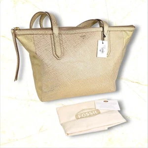 FOSSIL Sydney Shopper Tasche Gold Crossgrain Leder Braun Futter Medium Bag Neu mit Etikett - Bild 1 von 19