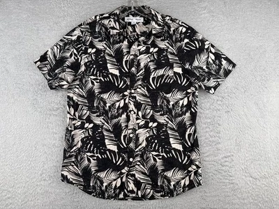 Old Navy Shirt Men Medium Black Floral Leaf Button Hawaiian Cotton Blend Pocket - Image 1 of 4