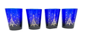 Culver Blue Glass Lowball Tumblers With Gold Christmas Tree Design- Set of 4 - Picture 1 of 5