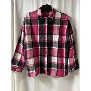 Women's 2XL Plaid Flannel Shirt Jacket Pink Black White Long Sleeve Button Up - Picture 1 of 5