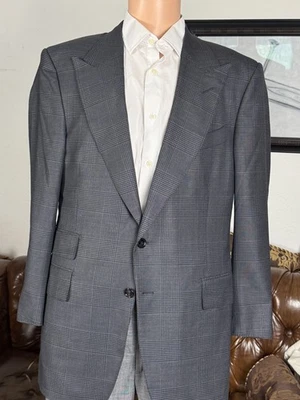 Tom Ford Houndstooth Plaid Wool Silk Charcoal Suit Jacket Peak Lapel 56 44R US - Image 1 of 4