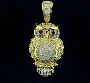 2Ct Lab Created Diamond Round Cut Owl Charm Men's Pendant 14K Yellow Gold Finish - Picture 1 of 3