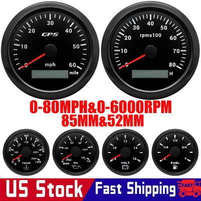 6 Gauge Set 85mm GPS Speedometer 0-60MPH&Tacho 0-8000RPM Gauge for Boat Car US  - Image 1 of 4