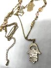 Hamsa Hand Necklace Crystal Accents Peach Colored Beads Gold Tone