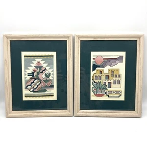 Vintage 1997 Hand Made Cross Stitch Framed Art Southwestern Scene Decor, 11x9'' - Picture 1 of 13
