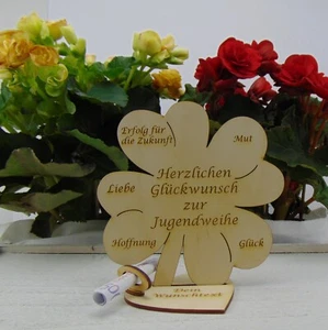 Geldgeschenk Zur Jugendweihe Personalisiertes Kleeblatt Holz Glückwünsche 16cm - Bild 1 von 2