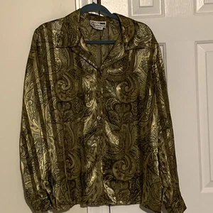 Leslie Fay Haberdashery Blouse Sz 18 Gold Black Paisley Shimmery Sheer Vintage - Picture 1 of 6