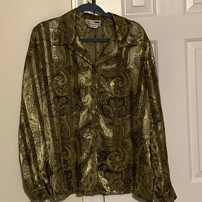 Vintage Blouse Sz 18 Gold Black Paisley Leslie Fay Haberdashery Shimmery Sheer - Image 1 of 4