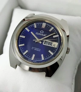 NOS Vintage OMAX Automatic Day-Date men's watch Swiss Made Blue Dial AS 2066 - Picture 1 of 7