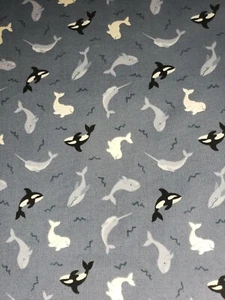 100% Cotton Small Things Polar Animals Whale Narwhal Lewis Irene Blue Fabric FQ - Picture 1 of 3