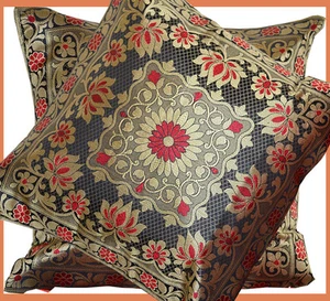 Set of two silk brocade pillow cover flower motif black, red, gold from India - Picture 1 of 8