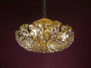 ANTIQUE GOLD BRONZE GLASS CRYSTAL CEILING LAMP CHANDELIER USED PLAFON 4 LIGHTs - Picture 1 of 6